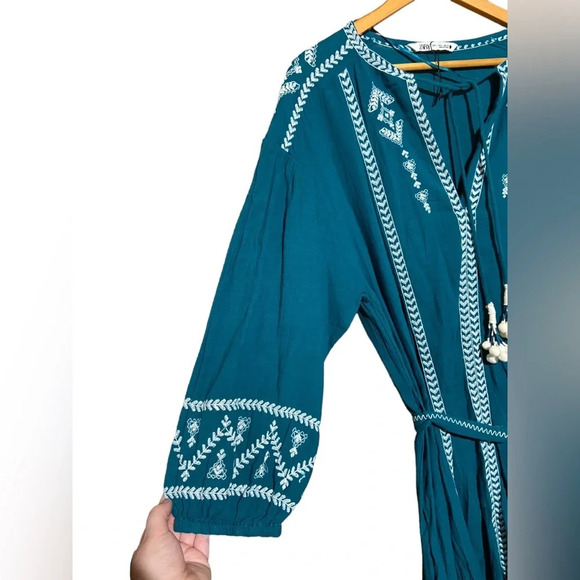 NWOT ZARA WOMAN MIDI EMBROIDERED DRESS COTTAGECORE BOHO GREENISH SIZE‎ LARGE - Picture 9 of 9